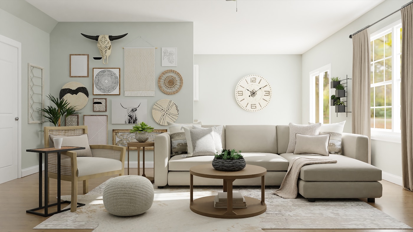Contemporary living room with geometric wallpaper